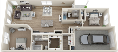 A 3D floor plan of a two-bedroom apartment with a living room, kitchen, and bathroom.